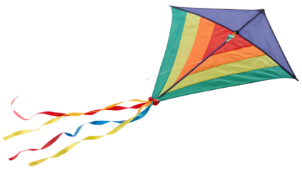 Colorful kite with flowing ribbons isolated on a transparent background rainbow flying