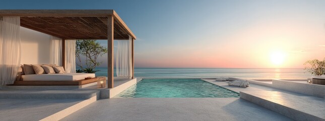 Fototapeta premium Beachfront cabana overlooks ocean sunset tranquil scene