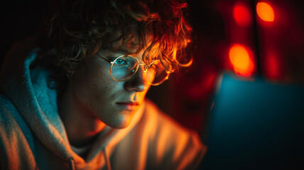 Teenage coder immersed in programming at night with glowing lights