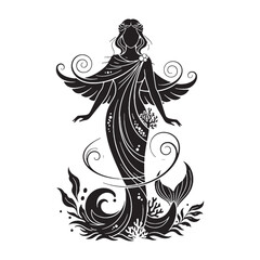 Nereid Thetis digital black vector artwork, ideal for portraying the sea nymph's grace – Thetis silhouette – Thetis Vector – Silhouette of Thetis – Greek goddess silhouette


