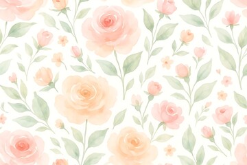 Fototapeta premium Soft watercolor floral pattern featuring roses and greenery on a light background