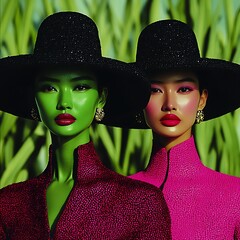 Two beautiful women wearing large hats and colored makeup pose