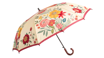 Cream umbrella with floral pattern isolated on a transparent background yellow