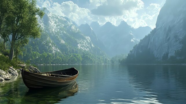 Wooden boat crossing a serene mountain lake