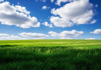 Obraz premium Serene Green Field and Blue Sky - A picturesque landscape of a vibrant green field stretching to the horizon under a clear blue sky dotted with fluffy white clouds.