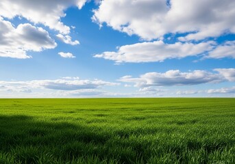 Obraz premium Serene Green Field Under Blue Sky - Tranquil landscape, green field, vibrant blue sky, fluffy clouds, peaceful nature. Symbolizing peace, growth, purity, hope, and serenity