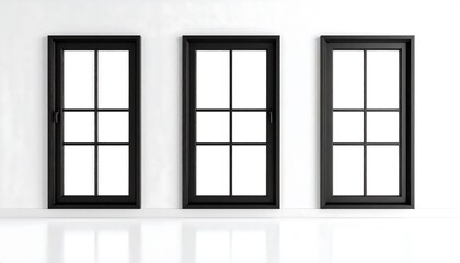 Modern architectural minimalist design with three black frame windows on a white wall