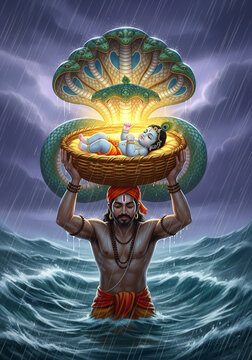 Devotional Painting of Vasudev Crossing Floods with Baby Krishna