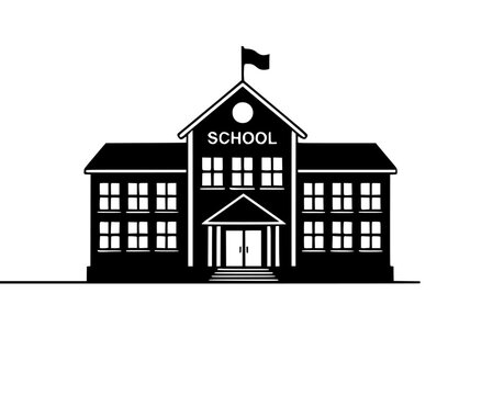 A black and white vector image of a school building with a flag on top