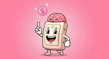 Smart Key to Financial Success - Cartoon illustration of a smiling key with a brain for a head, pointing upwards toward a dollar coin, suggesting financial intelligence