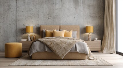 scandi rustic bedroom full view, caramel upholstered bed, soft concrete wall, mustard wall lamp, wool rug, cream curtains, warm ambient glow