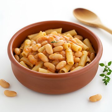 pasta e fagioli with softened beans, 45 degree tabletop shot with minimal props ,isolated on white background