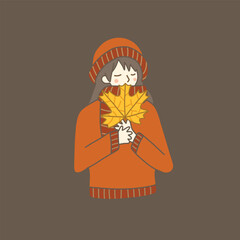 Girl in sweater holding maple leaf illustration autumn fall theme vector