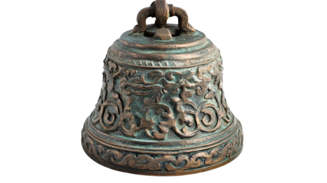 Bronze bell with intricate designs showcasing craftsmanship and history in an artistic display on transparent background