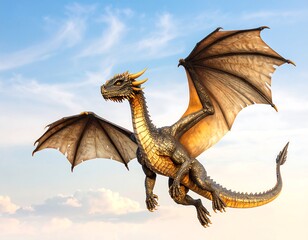 Majestic dragon soaring in a light blue sky