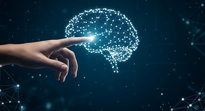 Human Hand Interacting with Digital Brain Representing Artificial Intelligence and Neural Network Development Process