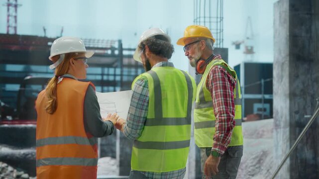 Engineers discussing blueprint at construction site