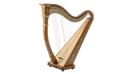 Ornate wooden harp with golden accents isolated on a transparent background musical instrument