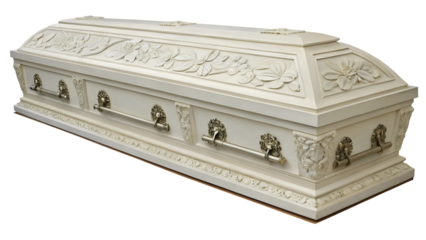 Ornate white coffin with floral carvings and metal handles isolated on a transparent background