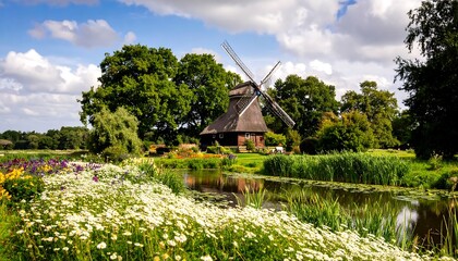Picturesque windmill in a lush flower-filled landscape