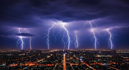 Spectacular lightning storm over city at night with glowing cityscape and dramatic sky showcasing natures power and urban vulnerability