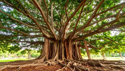 Majestic Banyan Tree with Extensive Roots and Branching Canopy in Lush Park