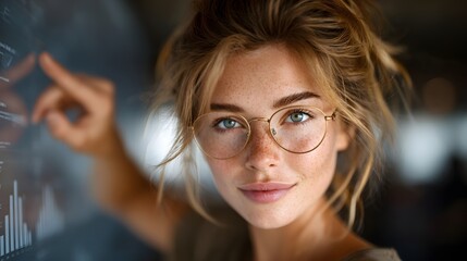 A young professional woman with glasses and a serious expression intently examines data and analytics displayed on a digital screen showcasing her expertise in technology and business