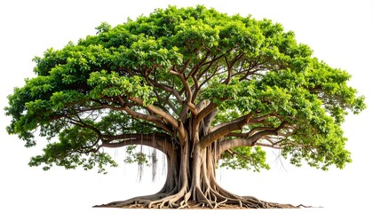 Majestic Banyan Tree with Lush Green Canopy and Aerial Roots isolated on white