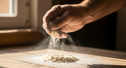 Hand Sifting Flour onto a Wooden Surface for Baking or Cooking
Description:
