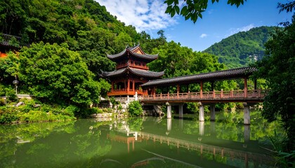 Picturesque wooden temple over a calm lake, lush green mountains