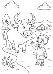 Coloring book buffalo and boy waving on a country road.