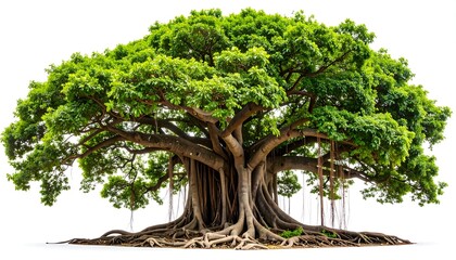 Majestic Banyan Tree with Lush Green Canopy Isolated on White Background