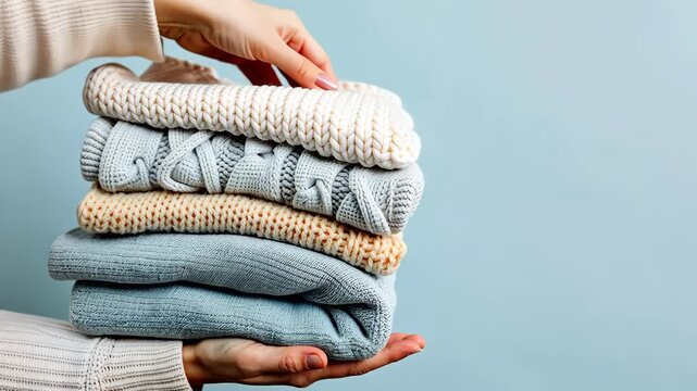 A hand holds neatly stacked sweaters in soft colors, showcasing cozy options for layering during the colder months of the year