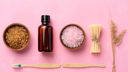 Naklejka premium Spa day essentials flat lay: natural skincare products, bath salts, oil, toothbrush set up