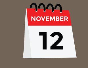 
12 November, calendar date icon. 12 November Calendar Date for Deadlines or Appointment. Day, month. vector illustration.
