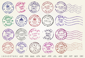 Vintage Travel Stamps grunge postage stamp set. Old destination Post stamp collection. Retro grunge postmark. Vintage grunge postage stamp. Postal Vector illustration image. Isolated on background.