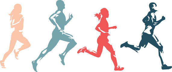 Dynamic Silhouettes of a Man and Woman Running, Depicting Fitness, Exercise, Health, and Sport Activities, Black and White Vector Illustration for Active Lifestyles and Wellness Concepts