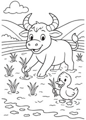  Coloring book buffalo planting rice with a duck.