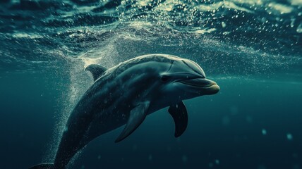 Naklejka premium A dolphin is gliding effortlessly through clear water, surrounded by bubbles and sunlight.