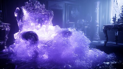 A decorative chair appears to be made of flowing purple liquid