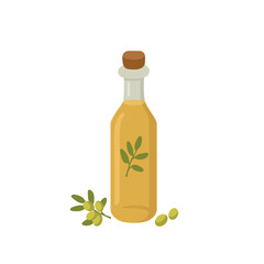 Flat Style Vector Illustration of Olive Oil Bottle with Olives and Branches