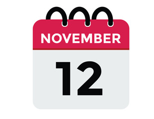 
12 November, calendar date icon. 12 November Calendar Date for Deadlines or Appointment. Day, month. vector illustration.
