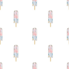 Ice cream watercolor seamless pattern. Hand drawn milk dessert with berries on white background. Yoghurt ice cream clip art. Ideal for shop window design, stickers and shop menu