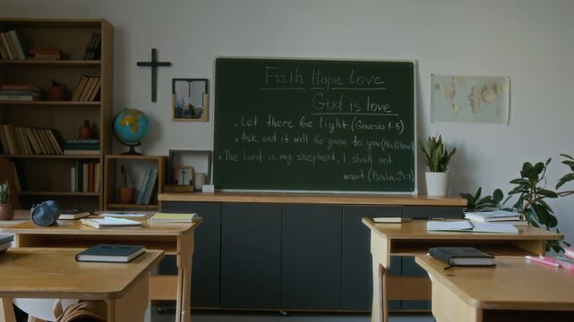 No people pan shot of empty classroom interior in modern Christian school with single school desks, crucifix on wall and Bible quotes on blackboard
