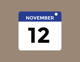 
12 November, calendar date icon. 12 November Calendar Date for Deadlines or Appointment. Day, month. vector illustration.
