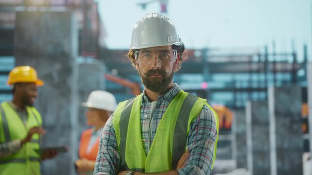 Construction engineer posing with crossed arms at building site