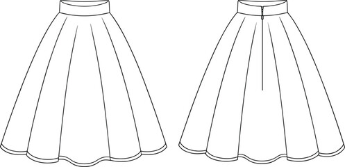 Cad drawing flat vector illustration of flared midi skirt with waistband and zipper, front and back technical fashion sketch design