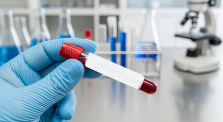 Hands wearing medical gloves holding blood sample tubes for allergy testing, lab background