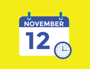 
12 November, calendar date icon. 12 November Calendar Date for Deadlines or Appointment. Day, month. vector illustration.
