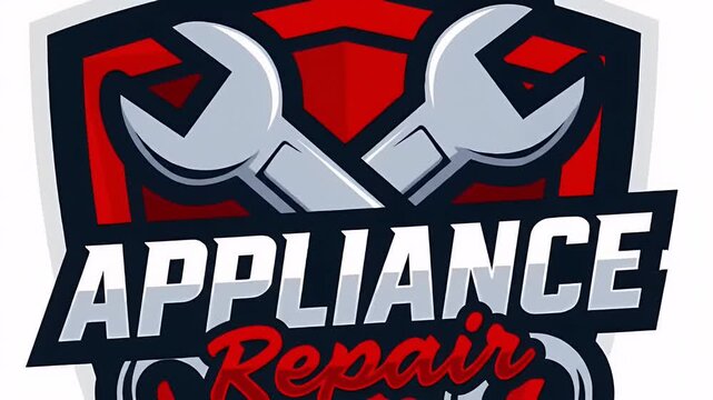 Illustrated Crossed Wrenches Over Appliance Repair Text on Red and White Shield with Bold Black Outline Ideal for Repair Service Logos